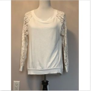 BOBEAU White Lace Sleeve Boatneck Jersey Top SZ L